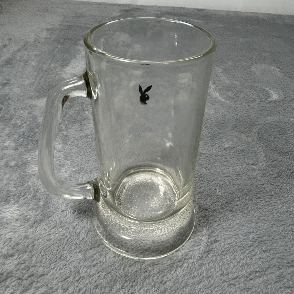 Vintage Playboy Clear Glass Beer Mug Black Bunny Logo Weighted Base 6.25in